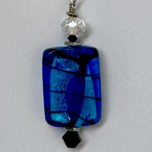 Necklace Turquoise Glass Metallic Center Black & Clear Crystals Silver Trim